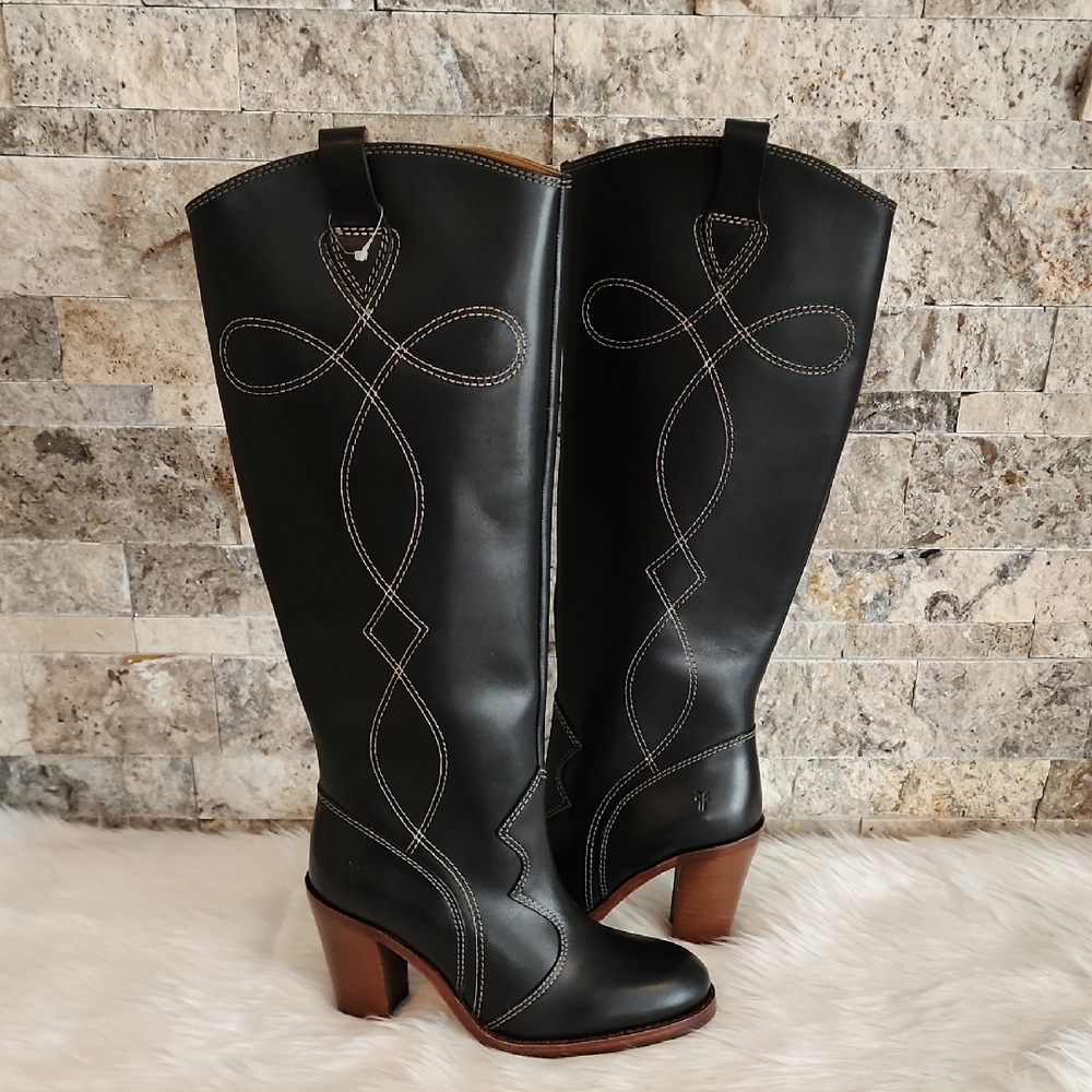Frye Elegant Black Leather Knee-High Boots Corinne Tall Deco Stitch